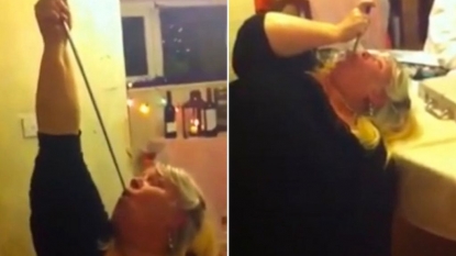 Moment when a mom swallowed a meter stick in a bizarre trick
